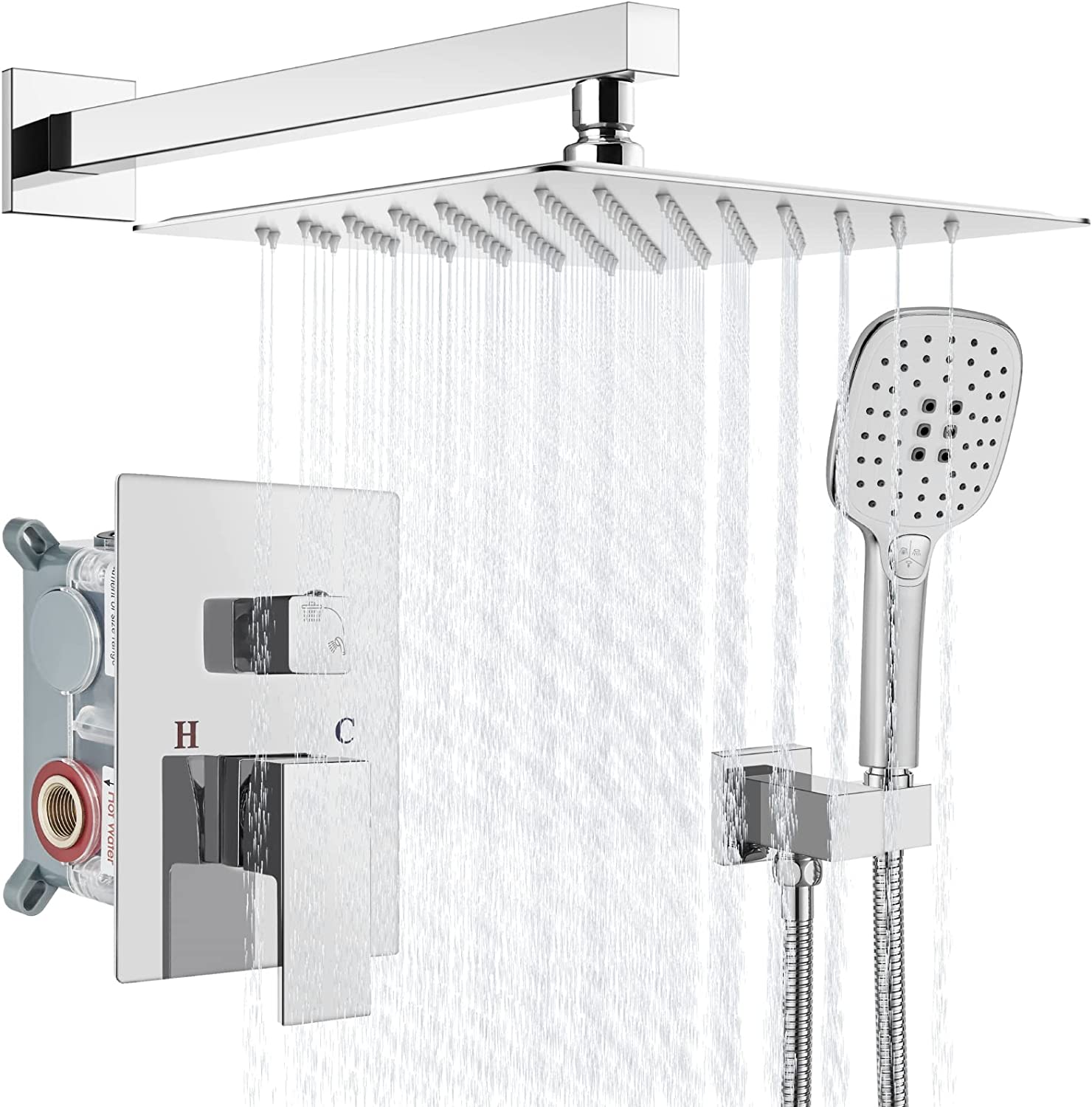 Heyalan Shower System 10 Inch Square Rain Shower Head Shower Faucet Fixture ABS Handheld Shower Sprayer Wall Mount Bathroom Rainfall Showerhead Combo Set High Pressure