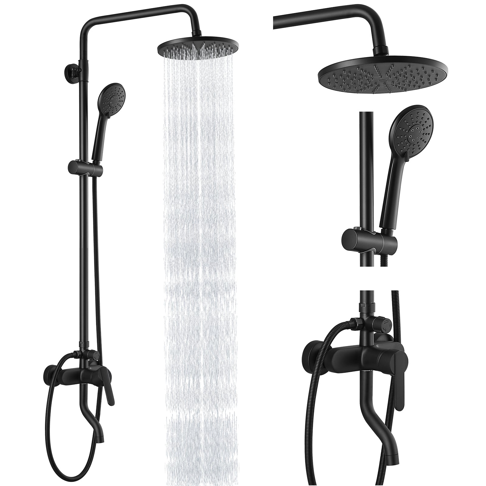 Exposed Shower System Faucet Set Bathroom 8 Inch ABS Single 1 Handle ABS Shower Head Handheld Shower Adjustable Slide Bar Hand Spray Tub Spout Wall Mount Complete Set