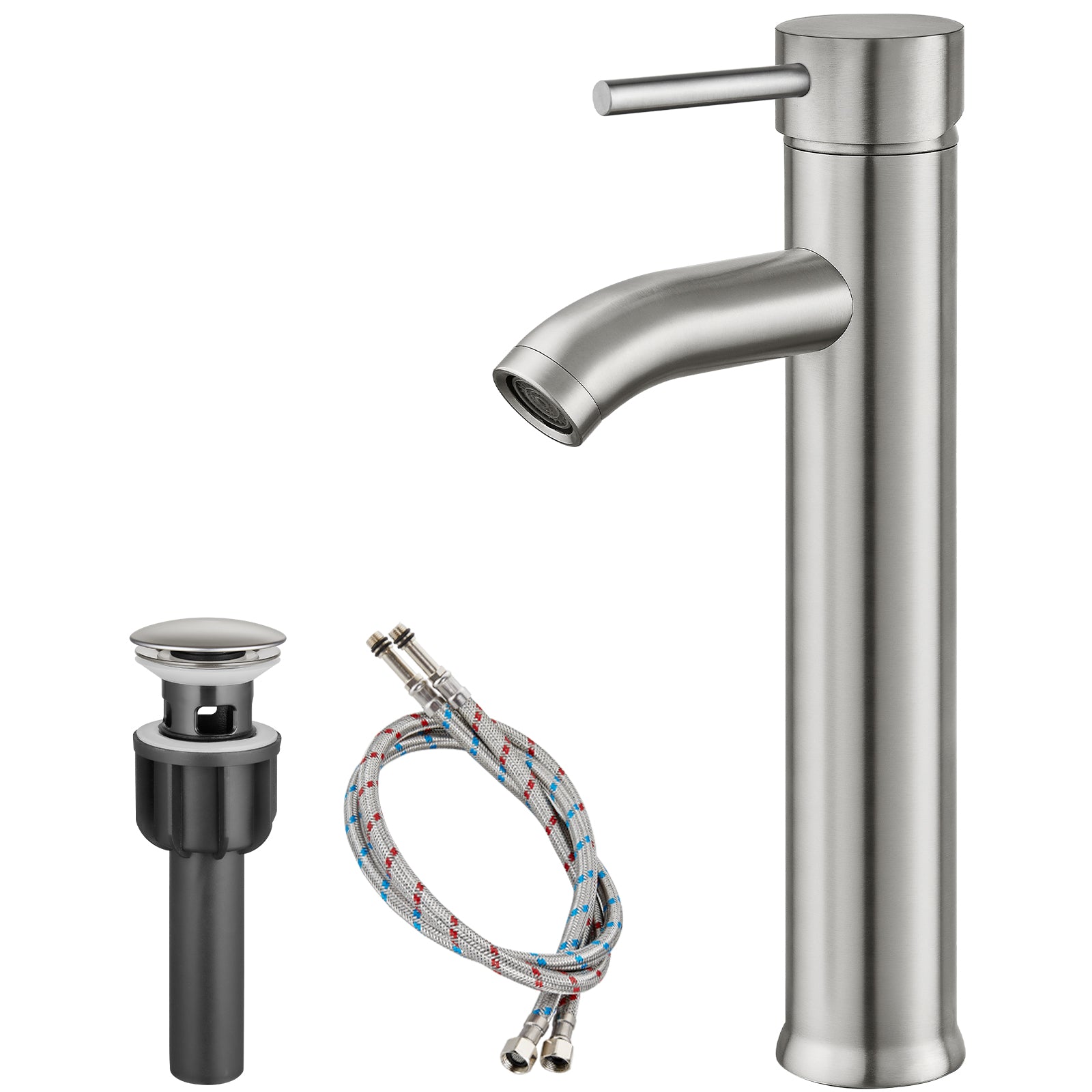 Heyalan Bathroom Faucet Vessel Sink Deck Mount SUS304 Stainless Steel Bowl Basin One Hole Single Handle Tall Spout Mixer Tap with Pop Up Drain