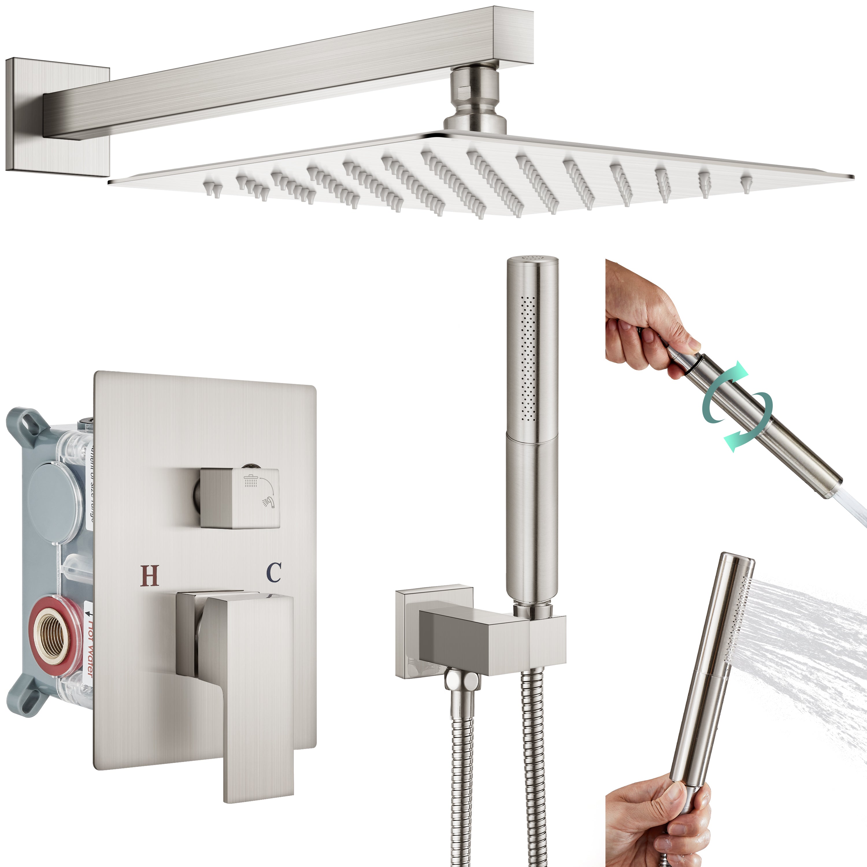 Heyalan Shower System Square Rain Shower System Head Shower Faucet Fixture 2 in 1 Handheld Shower Sprayer Rough in Valve Wall Mount Bathroom Rainfall Combo Set High Pressure