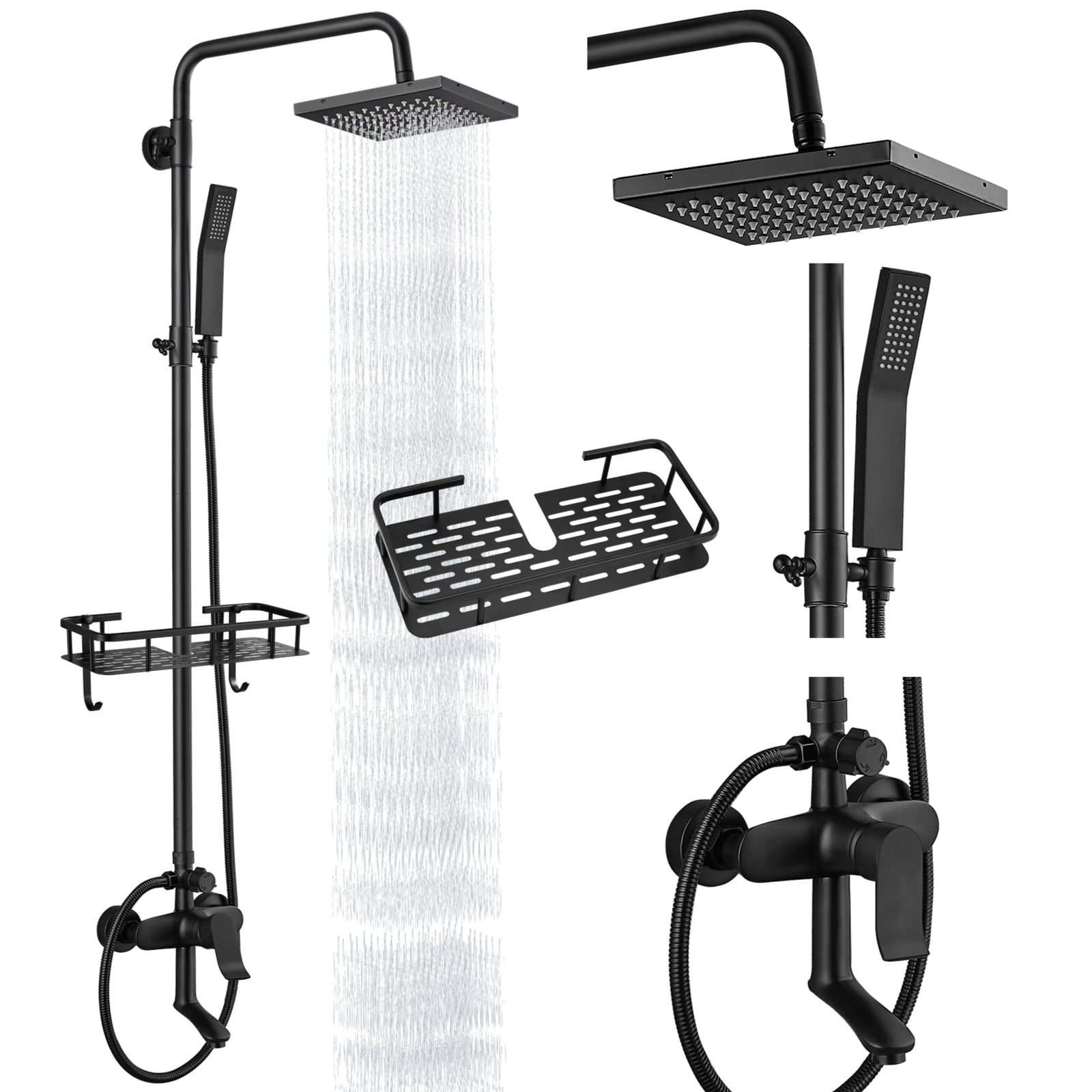 Heyalan Wall Mounted Exposed Shower System Triple Function Bathroom Shower Faucet 8” Square Swivel Rainfall Shower Head with Hand Held Sprayer Tub Spout Adjustable Complete Set with Shelf