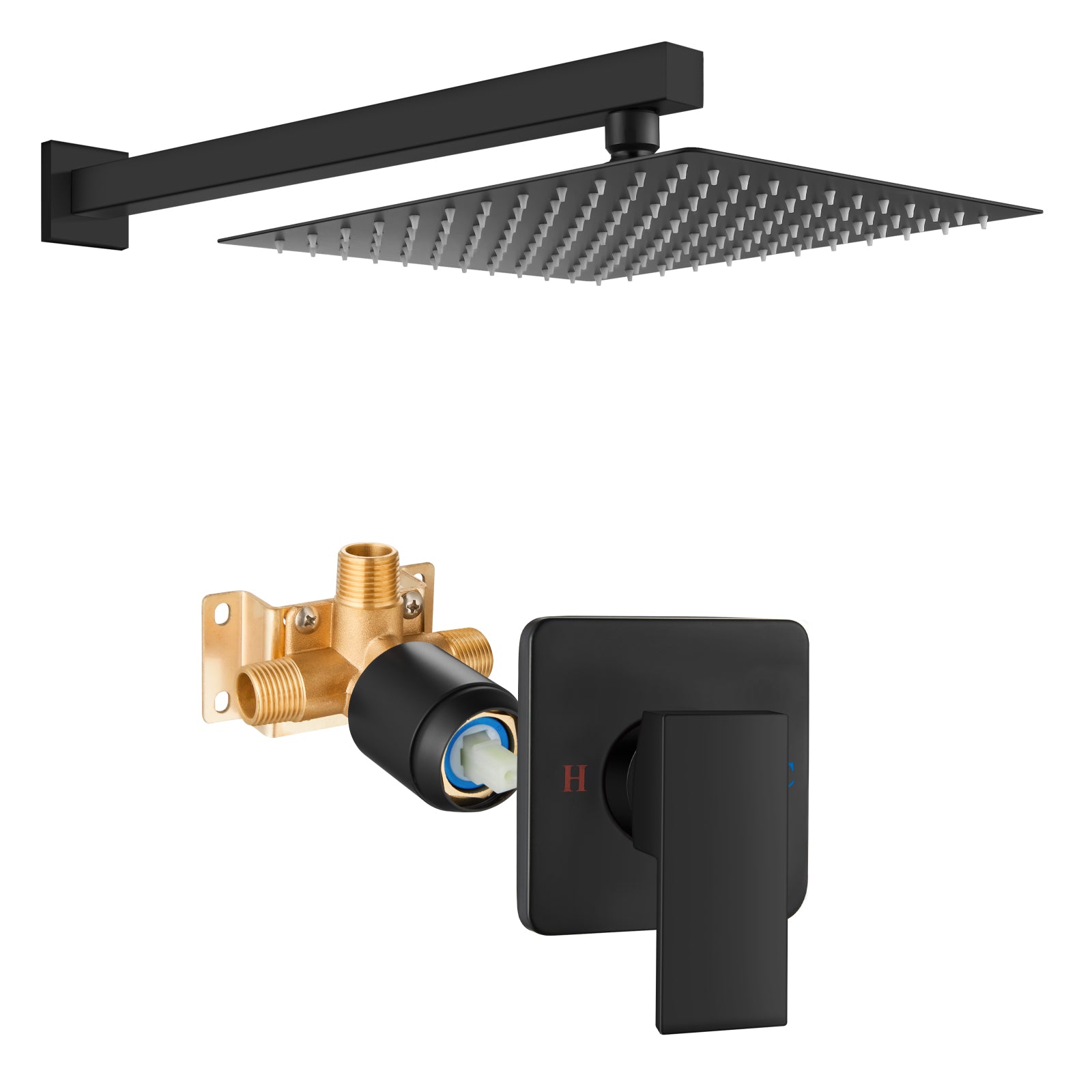 Heyalan Shower Trim Kit Wall Mounted 10 Inch Square SUS304 Rainfall Shower Head and One Handle System 1 Function Mixer Shower Faucet Set with Rough-in Valve Male Thread