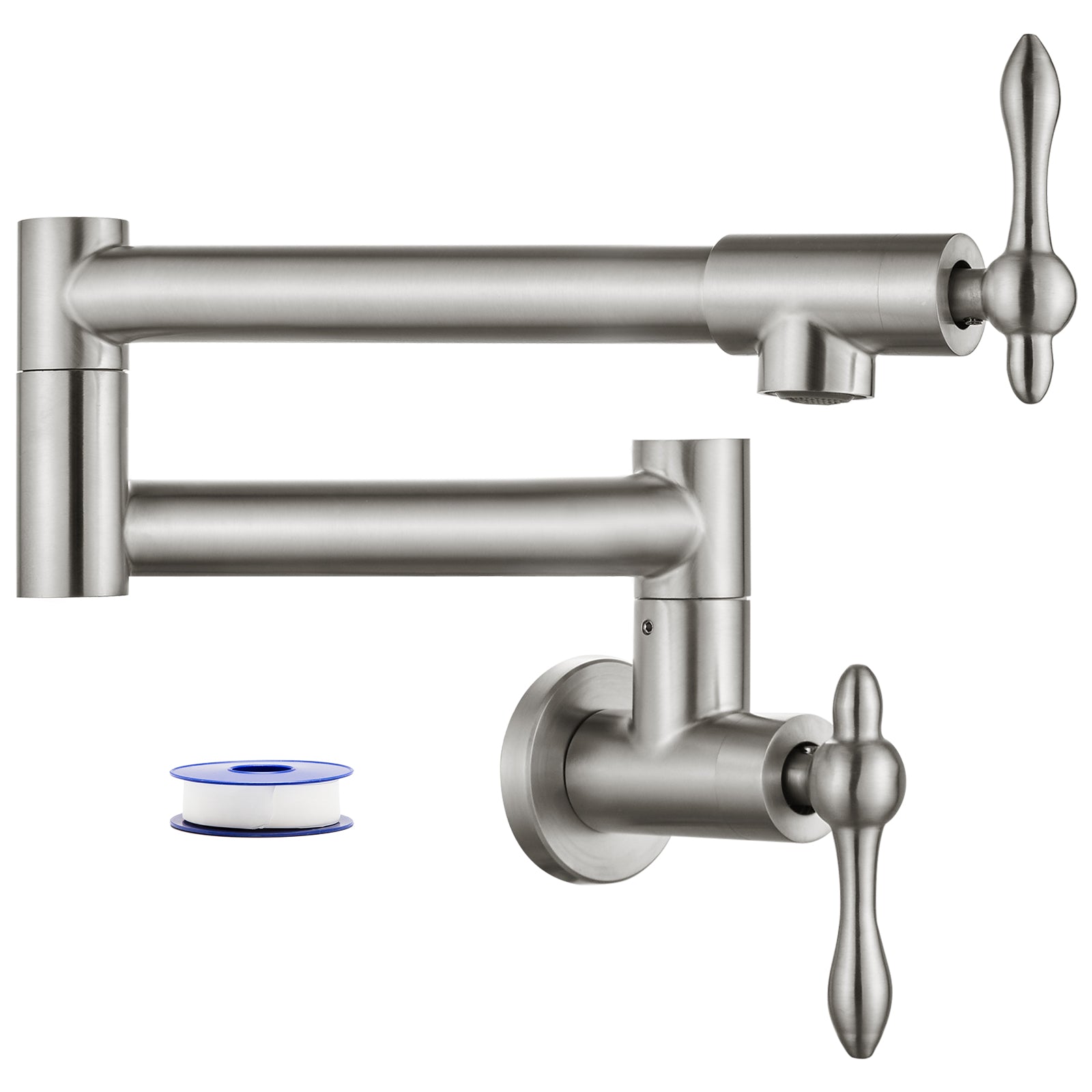 Heyalan Stainless Steel SUS304 19" Pot Filler Faucet Double Joint Spout Stretchable Swing Arm with Single Hole Two Handles Wall Mounted Commercial Kitchen Sink Faucet