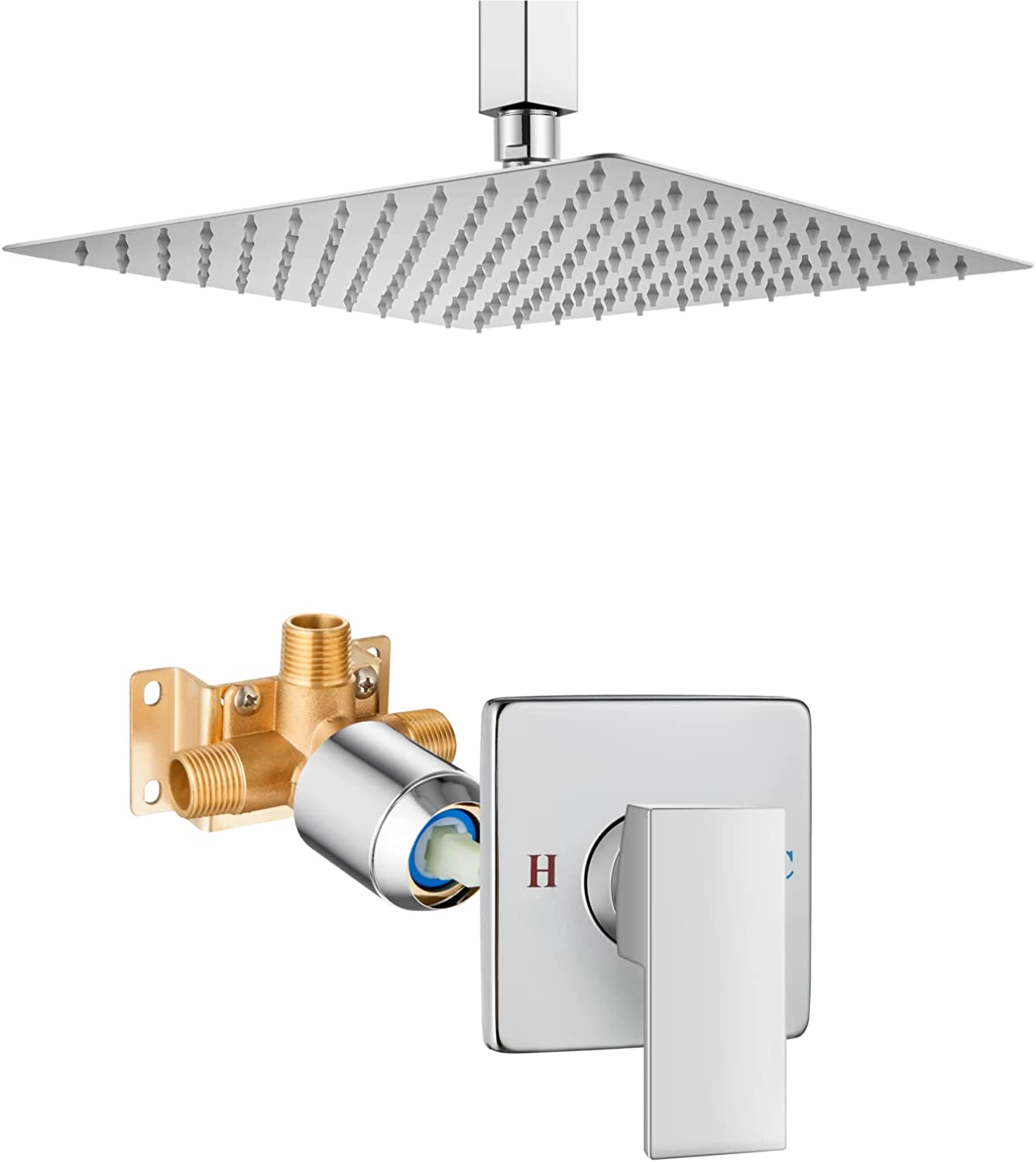 Heyalan Shower Trim Kit Ceiling Mount 10” Square SUS304 Bathroom Rainfall Shower Head and One Handle System 1 Function Mixer Shower Faucet Set with Rough-in Valve Male Thread