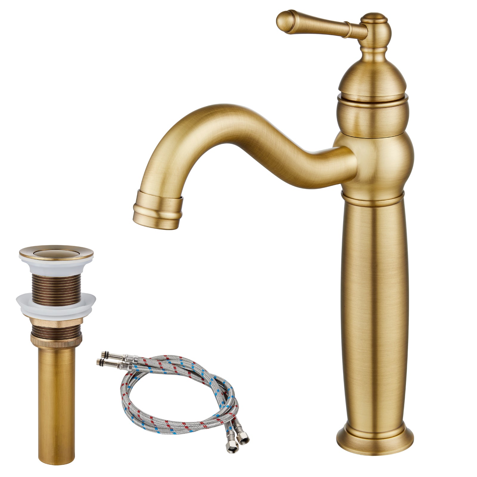 Heyalan Bathroom Vessel Sink Faucet Deck Mount Single Hole One Handle Vintage Lavatory Basin Spout Vanity Tall Mixer Tap Solid Brass Antique Assembly with Pop-up Drain