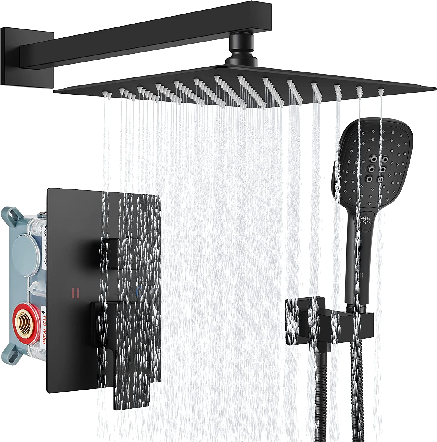 Heyalan Shower System 10 Inch Square Rain Shower Head Shower Faucet Fixture ABS Handheld Shower Sprayer Wall Mount Bathroom Rainfall Showerhead Combo Set High Pressure