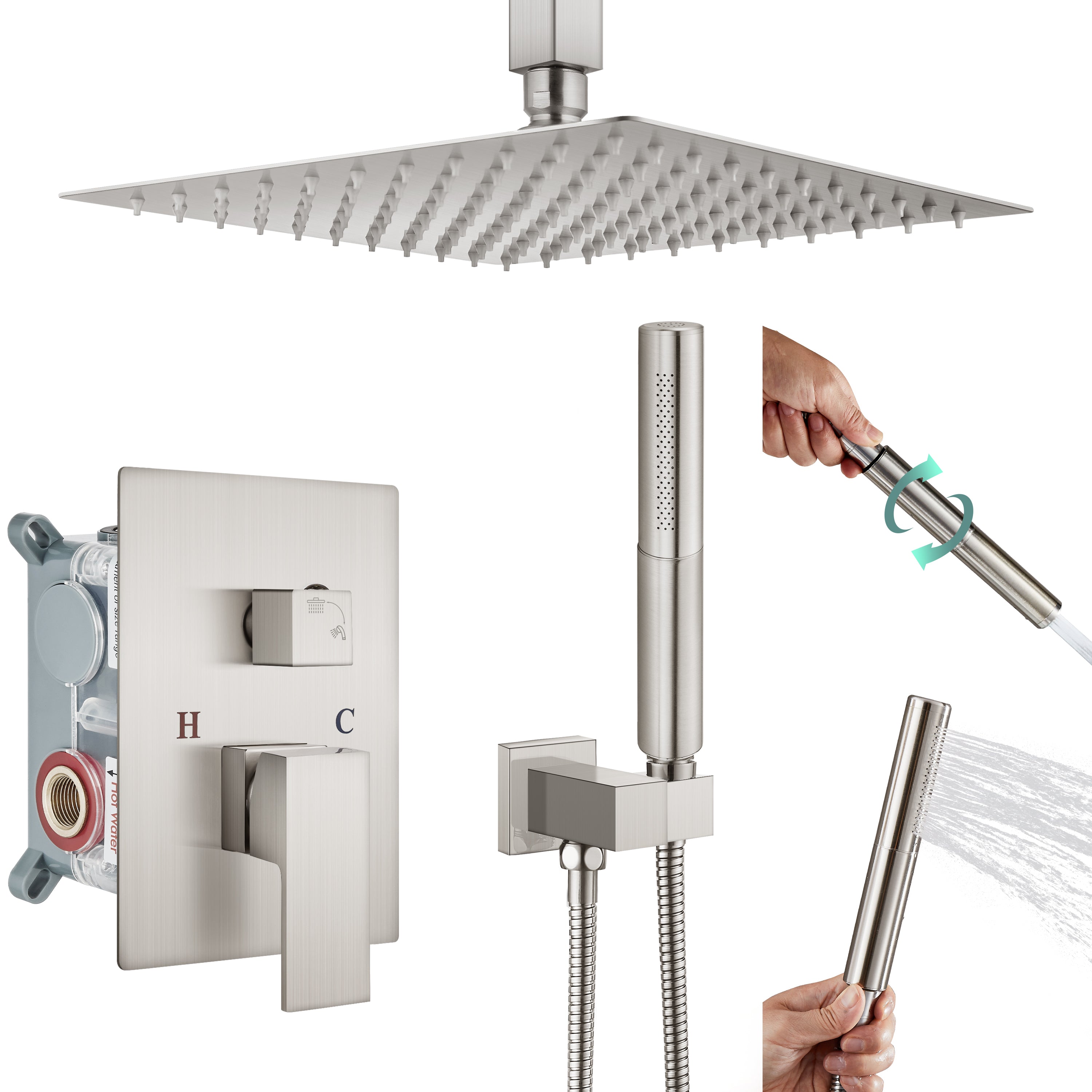 Heyalan Shower Faucet Set Ceiling Mount Square Showerhead Bathroom Rainfall Shower System SUS304 Stainless Steel Shower Trim Kit 2 in 1 Handheld shower with Rough-in Valve