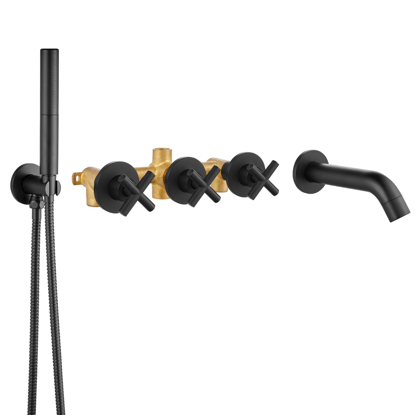 Heyalan Wall Mounted Bathroom Tub Filler Faucet with Handheld Shower Head High Flow Bathtub Spout with 3 Knobs Shower Trim kit Hand Held Sprayer 2 Function Roman Bath Fixtures