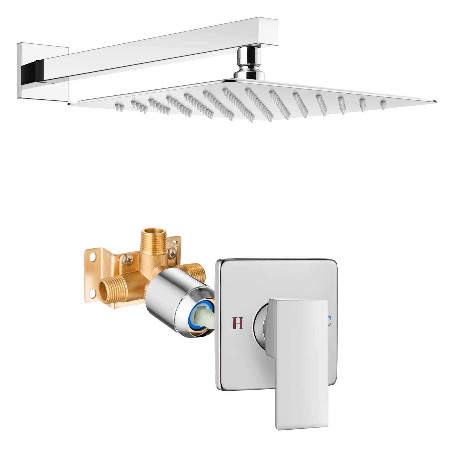 Heyalan Shower Trim Kit Wall Mounted 10 Inch Square SUS304 Rainfall Shower Head and One Handle System 1 Function Mixer Shower Faucet Set with Rough-in Valve Male Thread