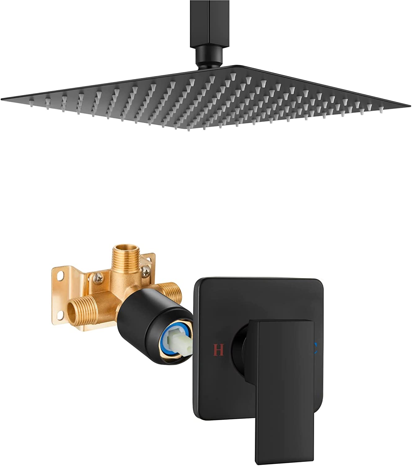 Heyalan Shower Trim Kit Ceiling Mount 10” Square SUS304 Bathroom Rainfall Shower Head and One Handle System 1 Function Mixer Shower Faucet Set with Rough-in Valve Male Thread