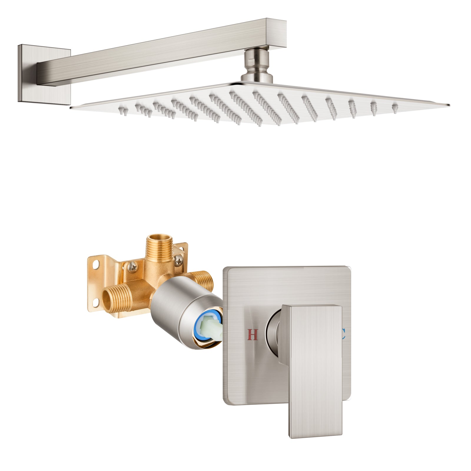 Heyalan Shower Trim Kit Wall Mounted 10 Inch Square SUS304 Rainfall Shower Head and One Handle System 1 Function Mixer Shower Faucet Set with Rough-in Valve Male Thread