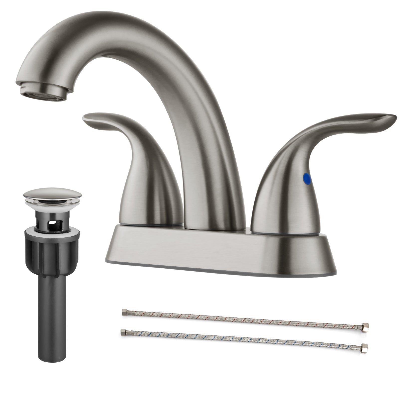 Heyalan Swivel Spout 2 Handle Lever Lavatory Bathroom Vessel Sink Faucet 4-Inch Centerset Deck Mount Mixer Tap with Pop-up Drain Stainless Steel