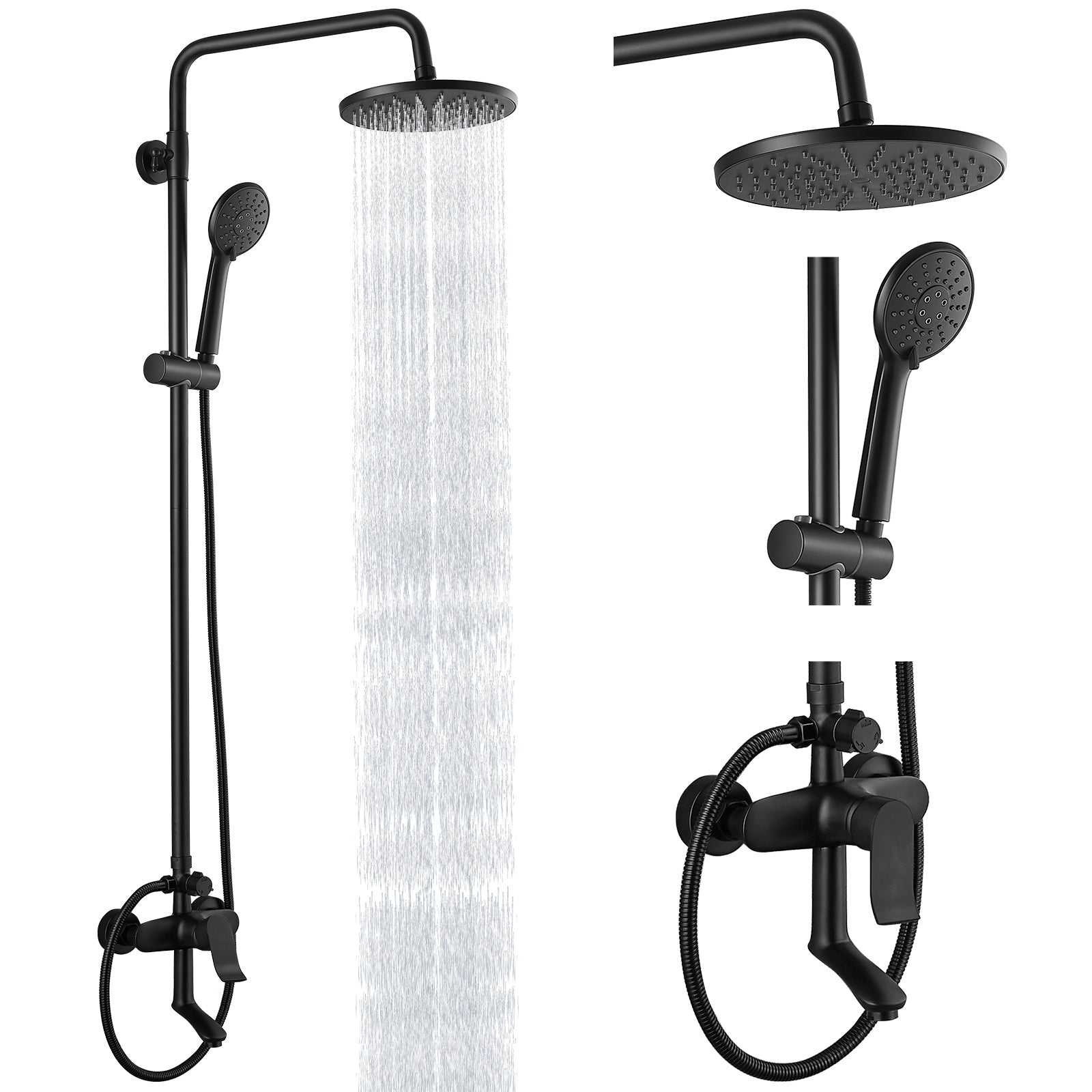 Heyalan Matte Black Exposed Shower Fixture 3 Function Brass Bathroom Shower Faucet Combo Set 8 Inch ABS Round Rainfall Showerhead with ABS Handheld Sprayer Wall MountAdjustable Slide Bar Tub Spout