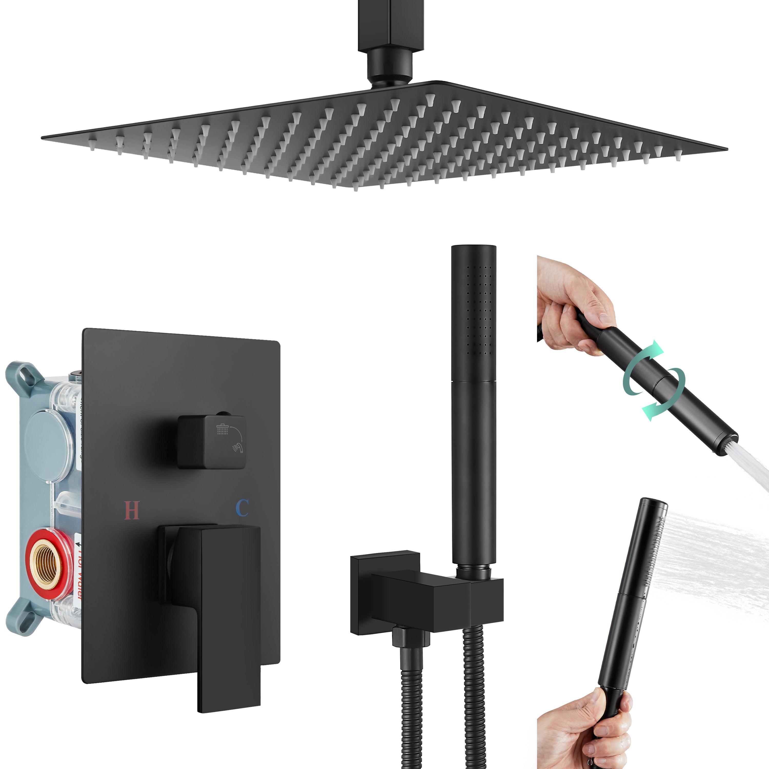 Heyalan Shower Faucet Set Ceiling Mount Square Showerhead Bathroom Rainfall Shower System SUS304 Stainless Steel Shower Trim Kit 2 in 1 Handheld shower with Rough-in Valve