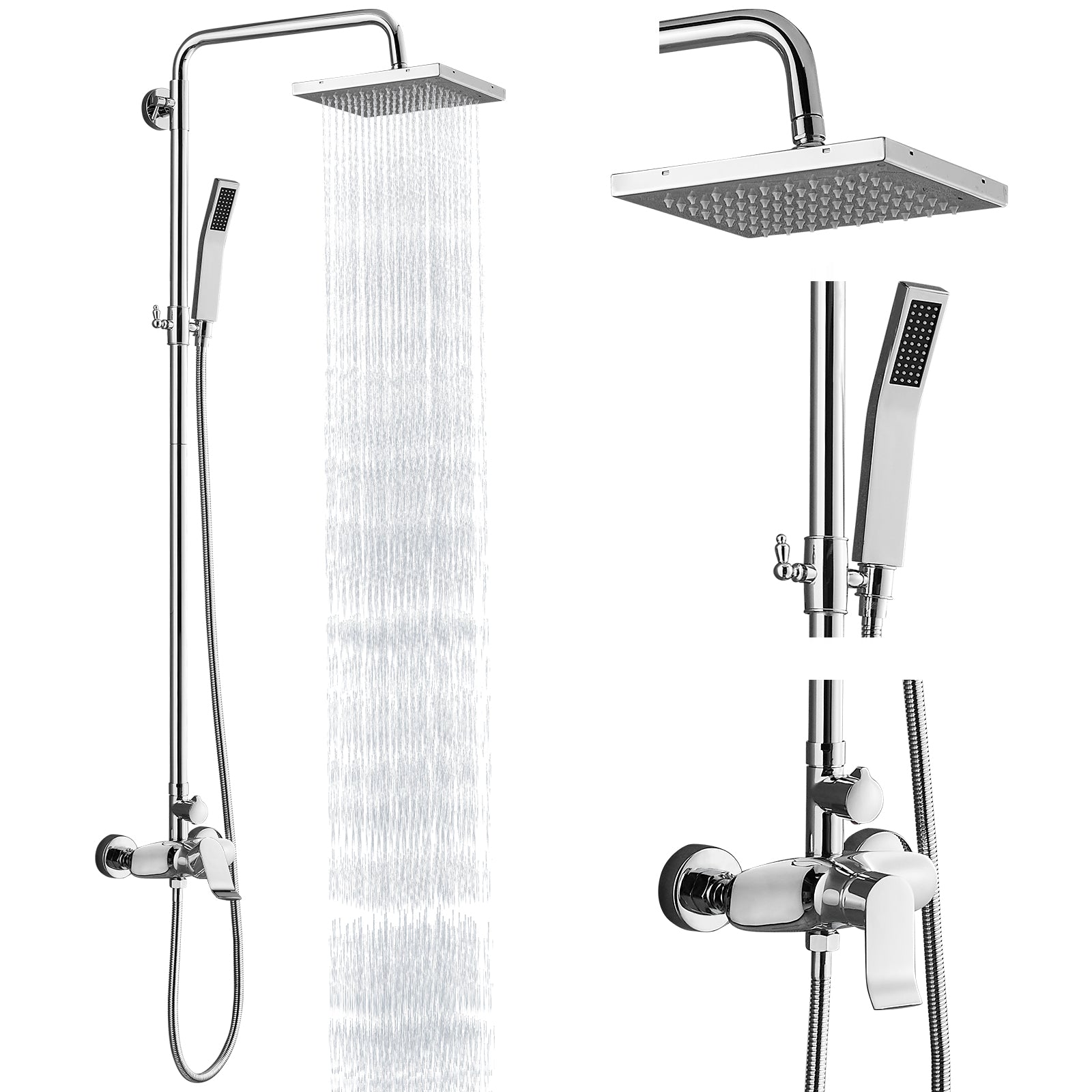Exposed Shower System Dual Function Bathroom Shower Faucet 8 Inch Square Swivel Rainfall Shower Head with Handheld Adjustable Complete Set Wall Mount