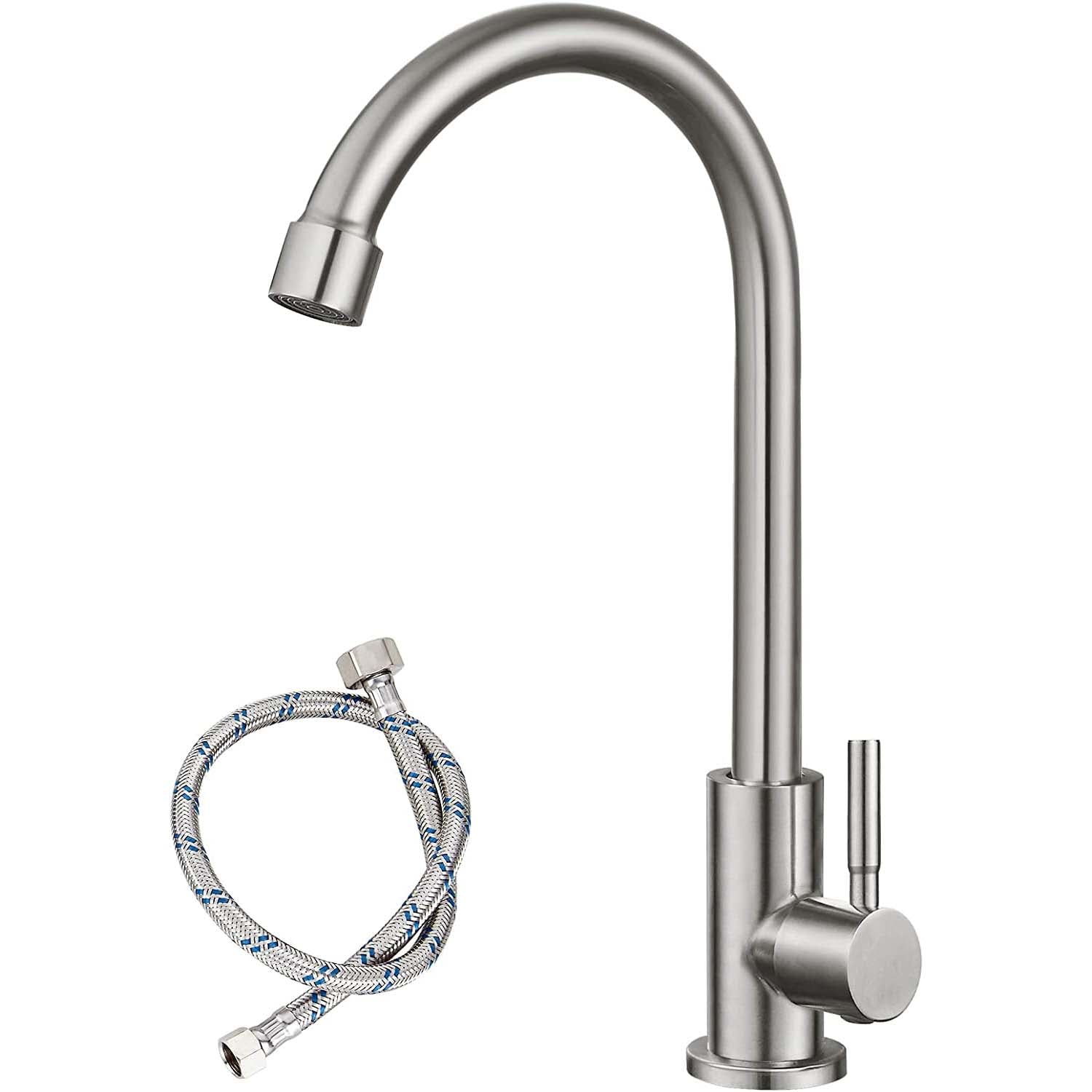 Kitchen Faucet Cold Water Only 1 Hole Single Handle 360 Degree Swivel Spout Deck Mount High Arc SUS304 Sink Bar Tap Goose Neck with Hose and Longer Thread Pipe