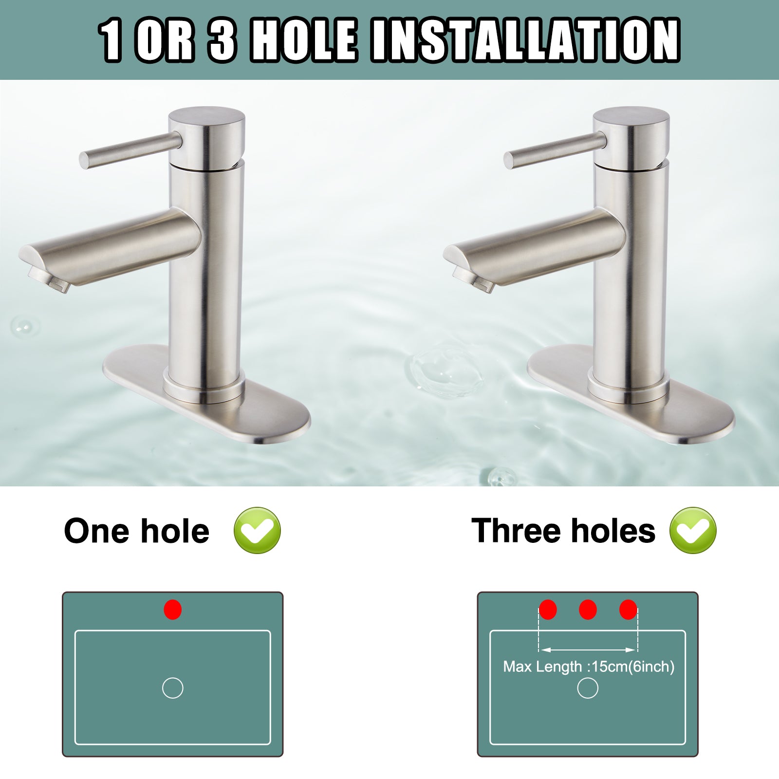 Heyalan Bathroom Sink Faucet Stainless Steel SUS304 Brushed Nickel Single Handle 1 Hole Hot and Cold Water Deck Mount Lavatory Faucet Kitchen Tap with Pop Up Drain