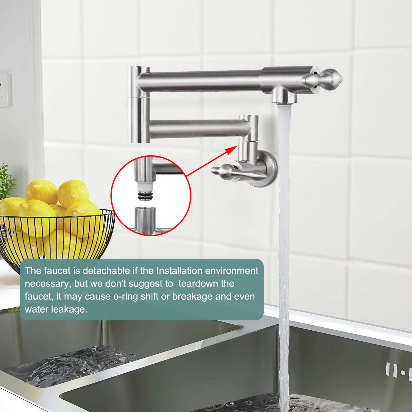 Heyalan Stainless Steel SUS304 19" Pot Filler Faucet Double Joint Spout Stretchable Swing Arm with Single Hole Two Handles Wall Mounted Commercial Kitchen Sink Faucet