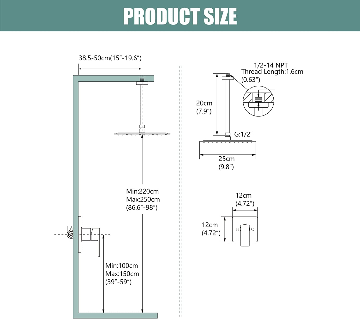 Heyalan Shower Trim Kit Ceiling Mount 10” Square SUS304 Bathroom Rainfall Shower Head and One Handle System 1 Function Mixer Shower Faucet Set with Rough-in Valve Male Thread