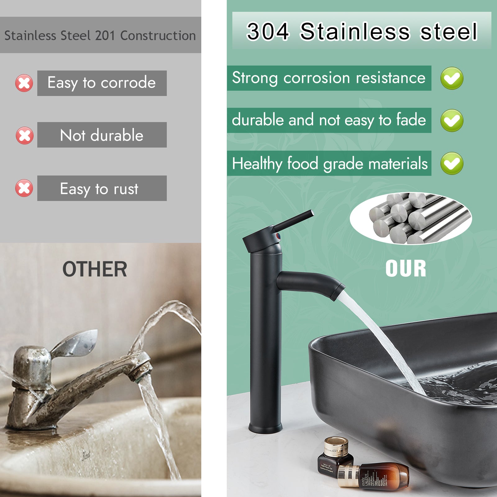 Heyalan Bathroom Faucet Vessel Sink Deck Mount SUS304 Stainless Steel Bowl Basin One Hole Single Handle Tall Spout Mixer Tap with Pop Up Drain