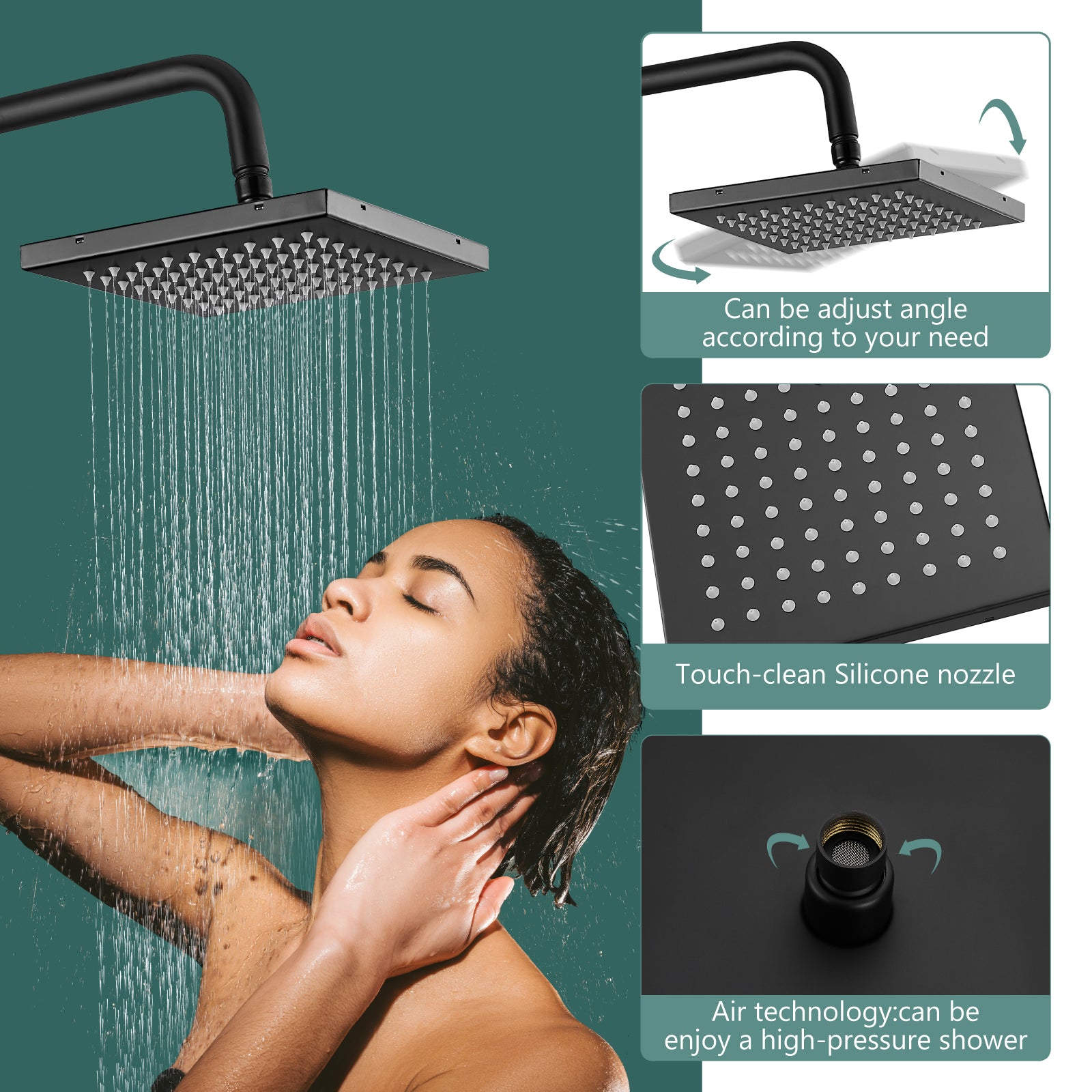 Exposed Shower System Dual Function Bathroom Shower Faucet 8 Inch Square Swivel Rainfall Shower Head with Handheld Adjustable Complete Set Wall Mount
