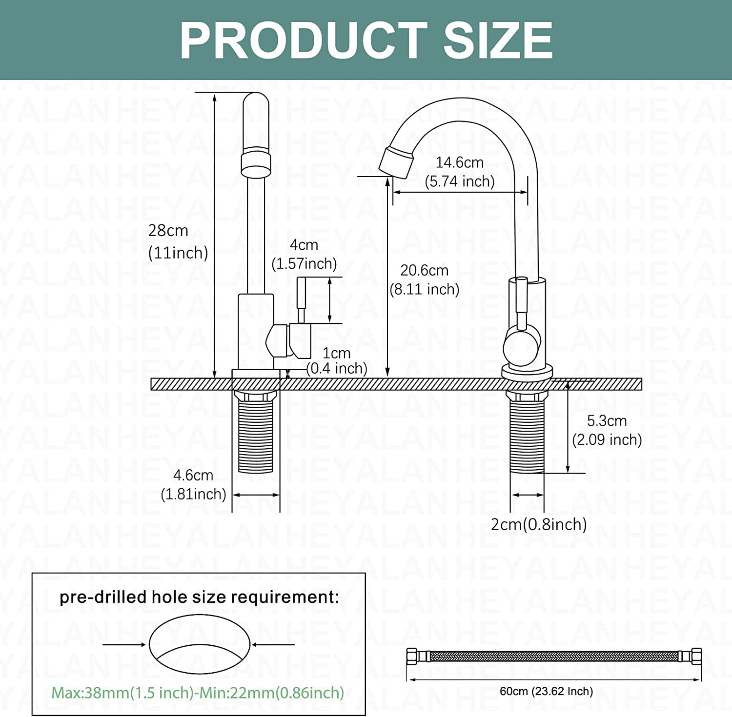 Kitchen Faucet Cold Water Only 1 Hole Single Handle 360 Degree Swivel Spout Deck Mount High Arc SUS304 Sink Bar Tap Goose Neck with Hose and Longer Thread Pipe