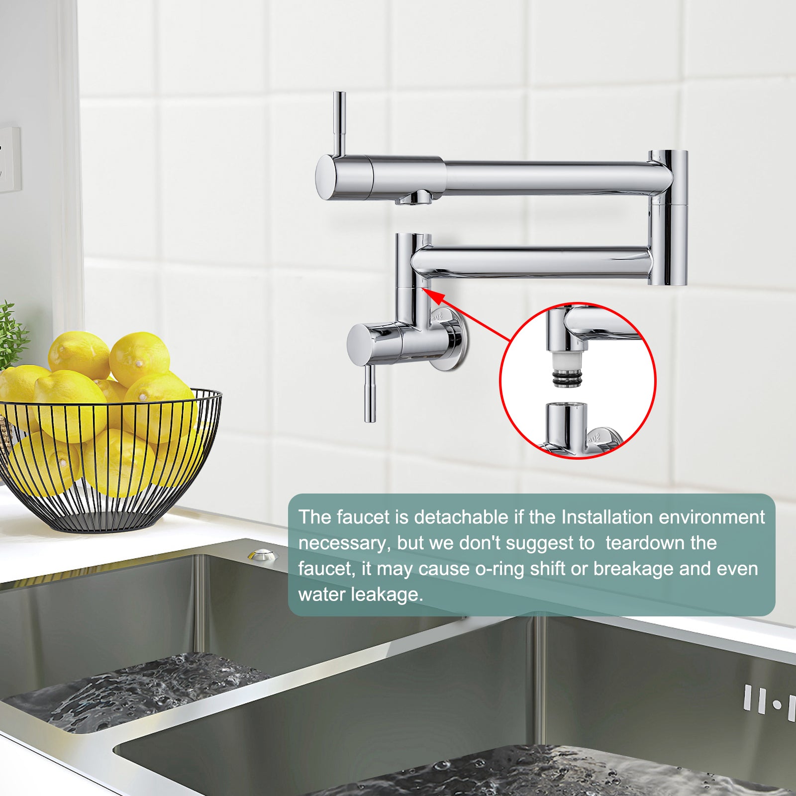 Heyalan Pot Filler 19 Inch Wall Mount Folding Stretchable Kitchen Restaurant Sink Faucet Stainless Steel Potfiller with Double Joint Swing Arm Single Hole Two Handles Commercial NPT