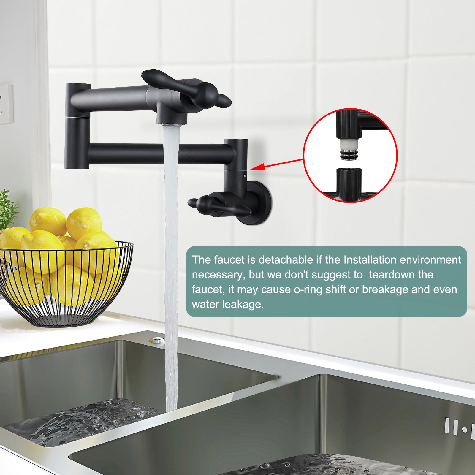 Heyalan Stainless Steel SUS304 19" Pot Filler Faucet Double Joint Spout Stretchable Swing Arm with Single Hole Two Handles Wall Mounted Commercial Kitchen Sink Faucet