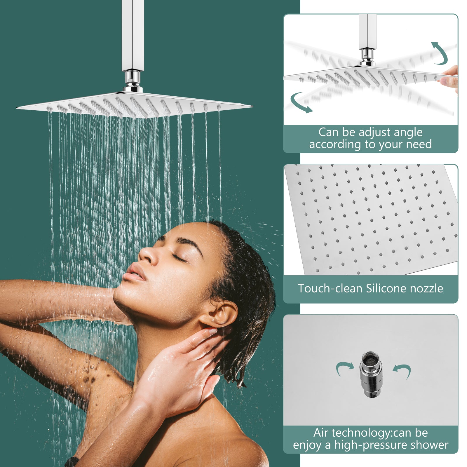Heyalan Shower Faucet Set Ceiling Mount Square Showerhead Bathroom Rainfall Shower System SUS304 Stainless Steel Shower Trim Kit 2 in 1 Handheld shower with Rough-in Valve