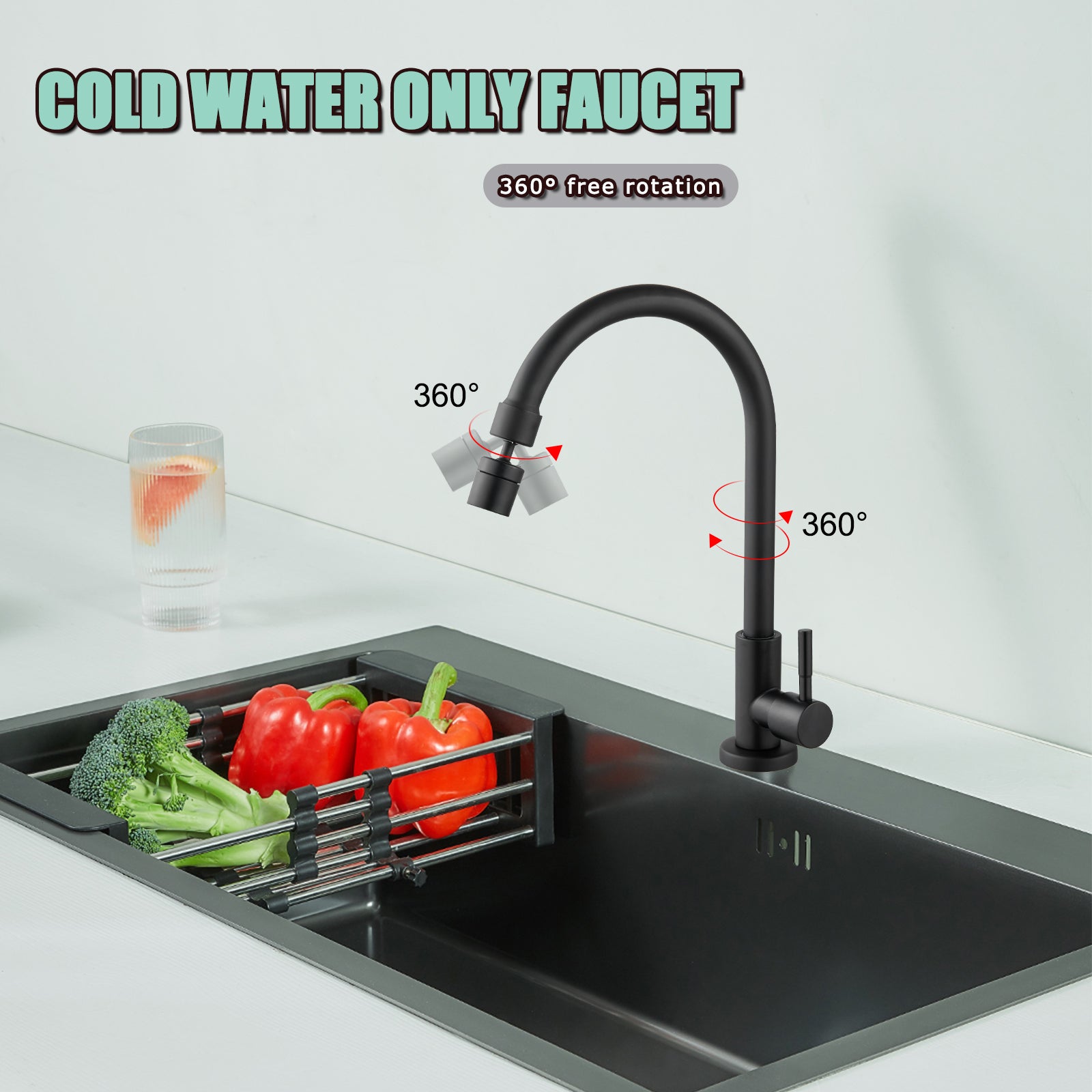 Heyalan Cold Water Only Kitchen Faucet 360 Degree Swivel Spout Matte Black High Arc Sink Tap Brass Faucet Goose Neck