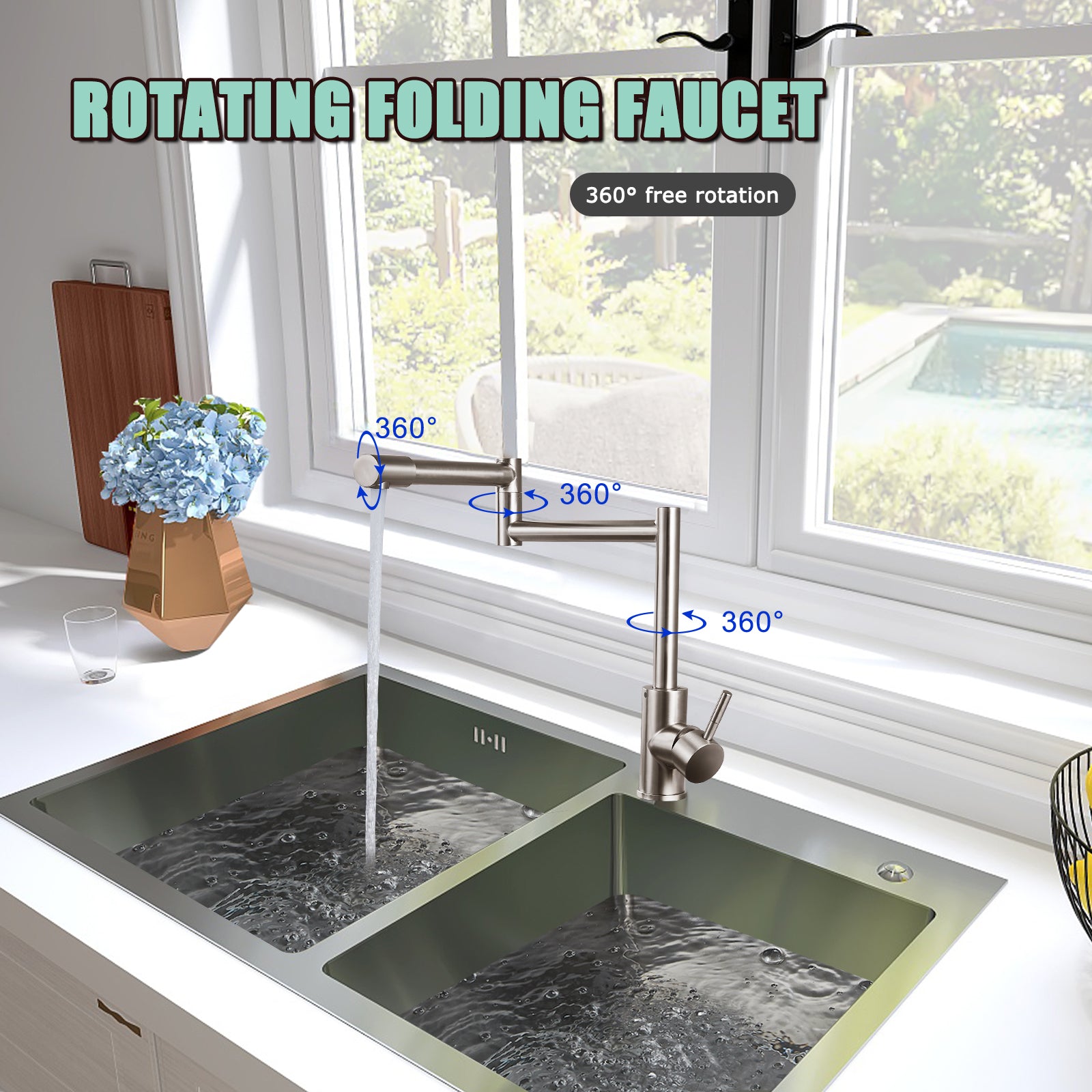 Heyalan  Pot Filler Faucet Deck Mounted Single Handle Double Joints Free Rotating Modern Deck Mounted Countertop Retractable Commercial Kitchen Sink Faucet Stainless Steel