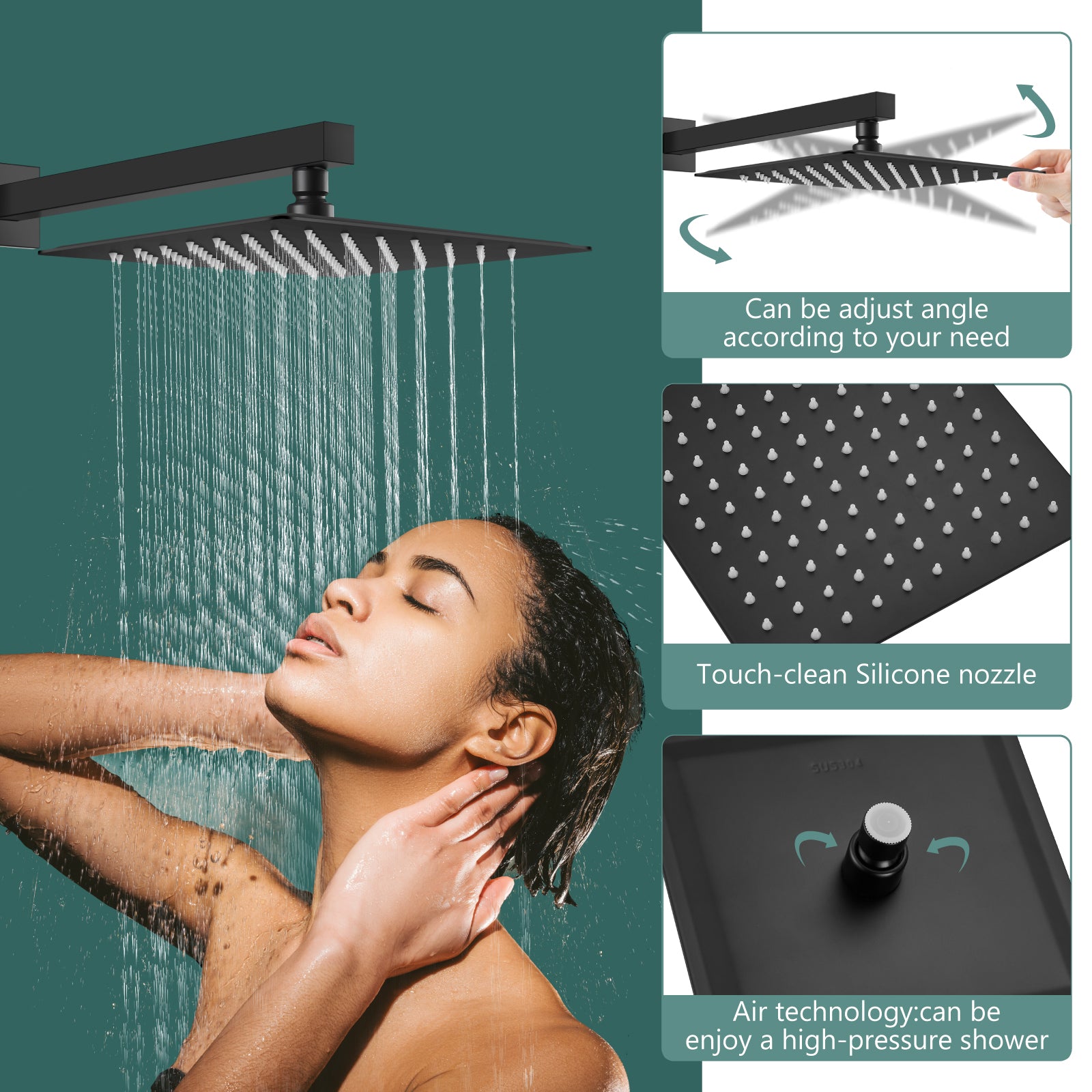 Heyalan Shower Trim Kit Wall Mounted 10 Inch Square SUS304 Rainfall Shower Head and One Handle System 1 Function Mixer Shower Faucet Set with Rough-in Valve Male Thread