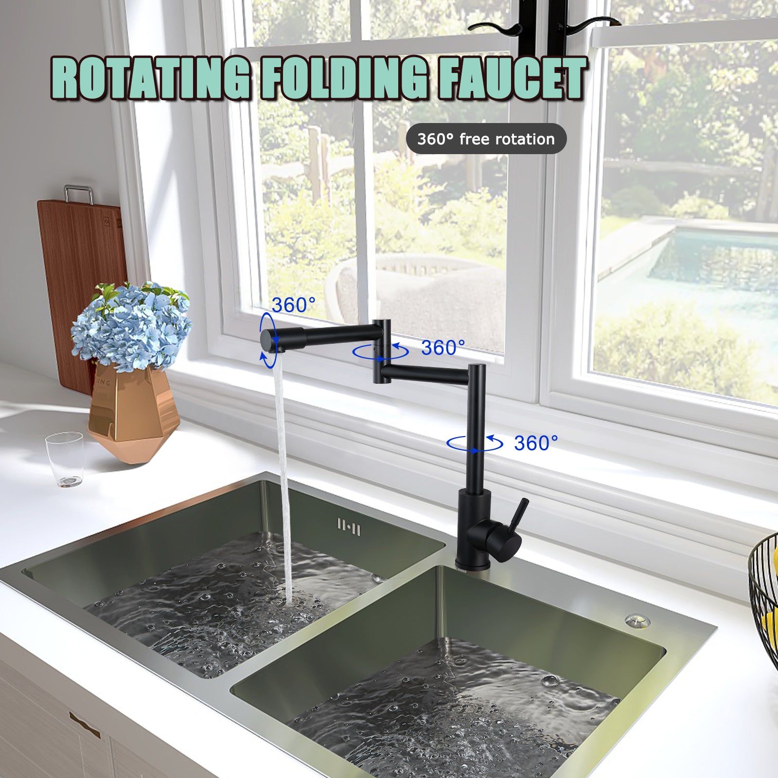 Heyalan  Pot Filler Faucet Deck Mounted Single Handle Double Joints Free Rotating Modern Deck Mounted Countertop Retractable Commercial Kitchen Sink Faucet Stainless Steel