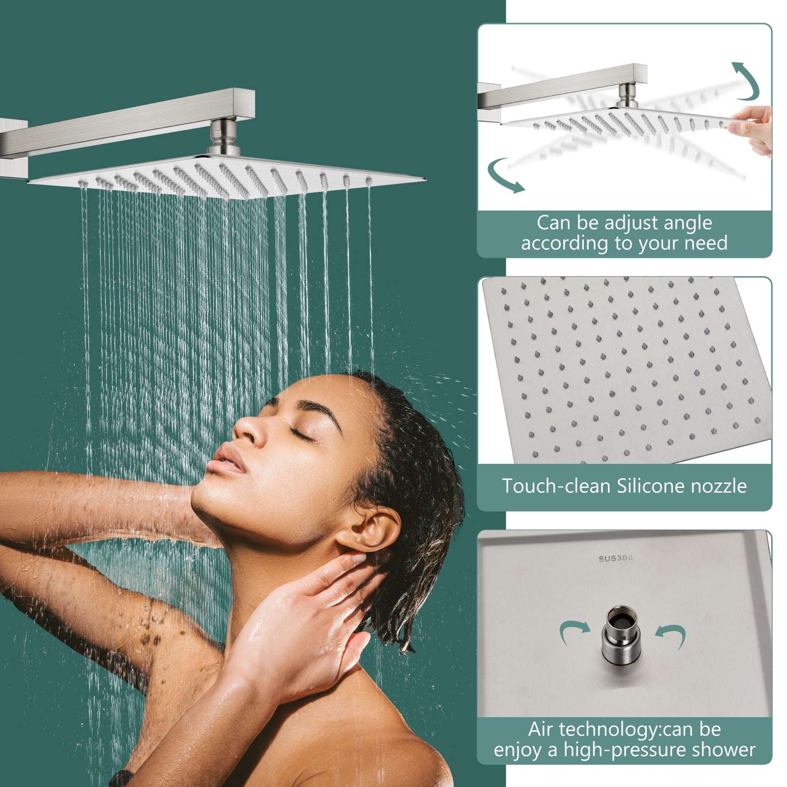 Heyalan Shower Trim Kit Wall Mounted 10 Inch Square SUS304 Rainfall Shower Head and One Handle System 1 Function Mixer Shower Faucet Set with Rough-in Valve Male Thread
