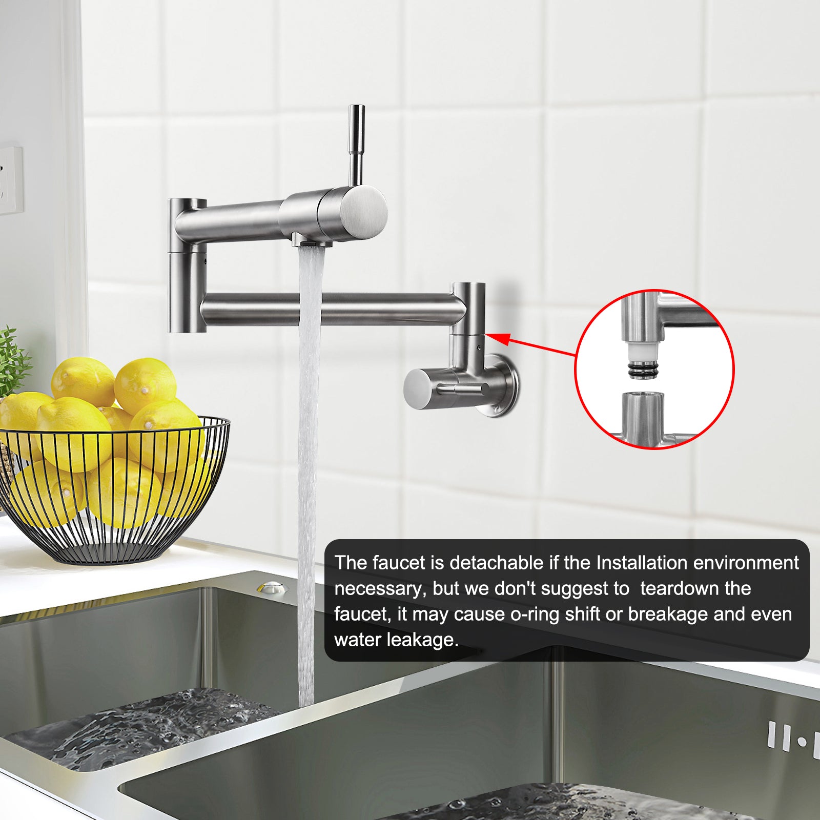 Heyalan Pot Filler 19 Inch Wall Mount Folding Stretchable Kitchen Restaurant Sink Faucet Stainless Steel Potfiller with Double Joint Swing Arm Single Hole Two Handles Commercial NPT