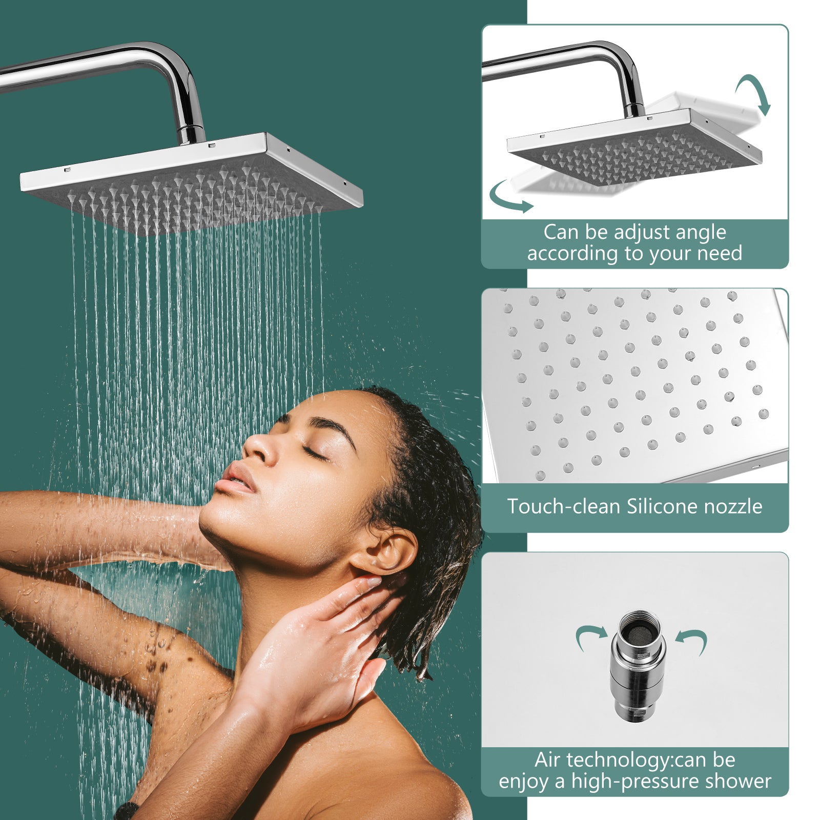 Exposed Shower System Dual Function Bathroom Shower Faucet 8 Inch Square Swivel Rainfall Shower Head with Handheld Adjustable Complete Set Wall Mount