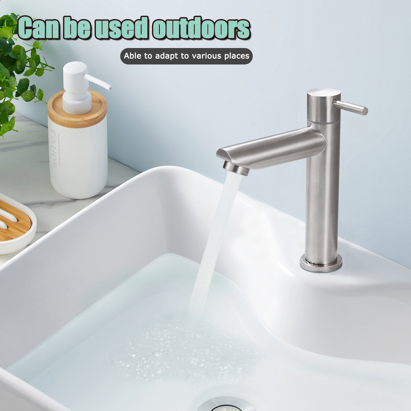 Cold Water Only Bathroom Sink Faucet Stainless Steel SUS304 Brushed Nickel Single Handle One Hole Deck Mount Lavatory Faucet (Drain Not Included)