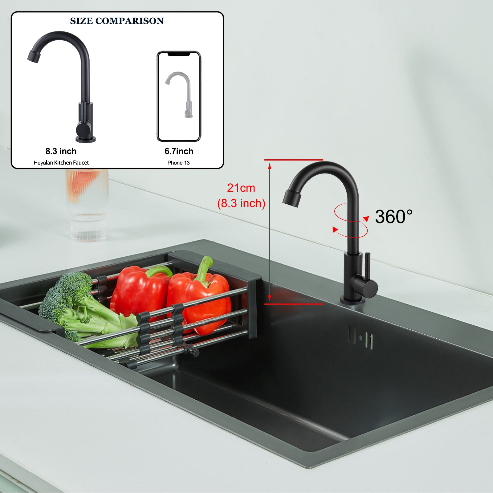 Cold Water Only Kitchen Faucet Single Handle 1 Hole Deck Mount 360 Degree Swivel Spout High Arc SUS304 Stainless Steel Sink Bar Tap Goose Neck with Hose(Drain Not Included)