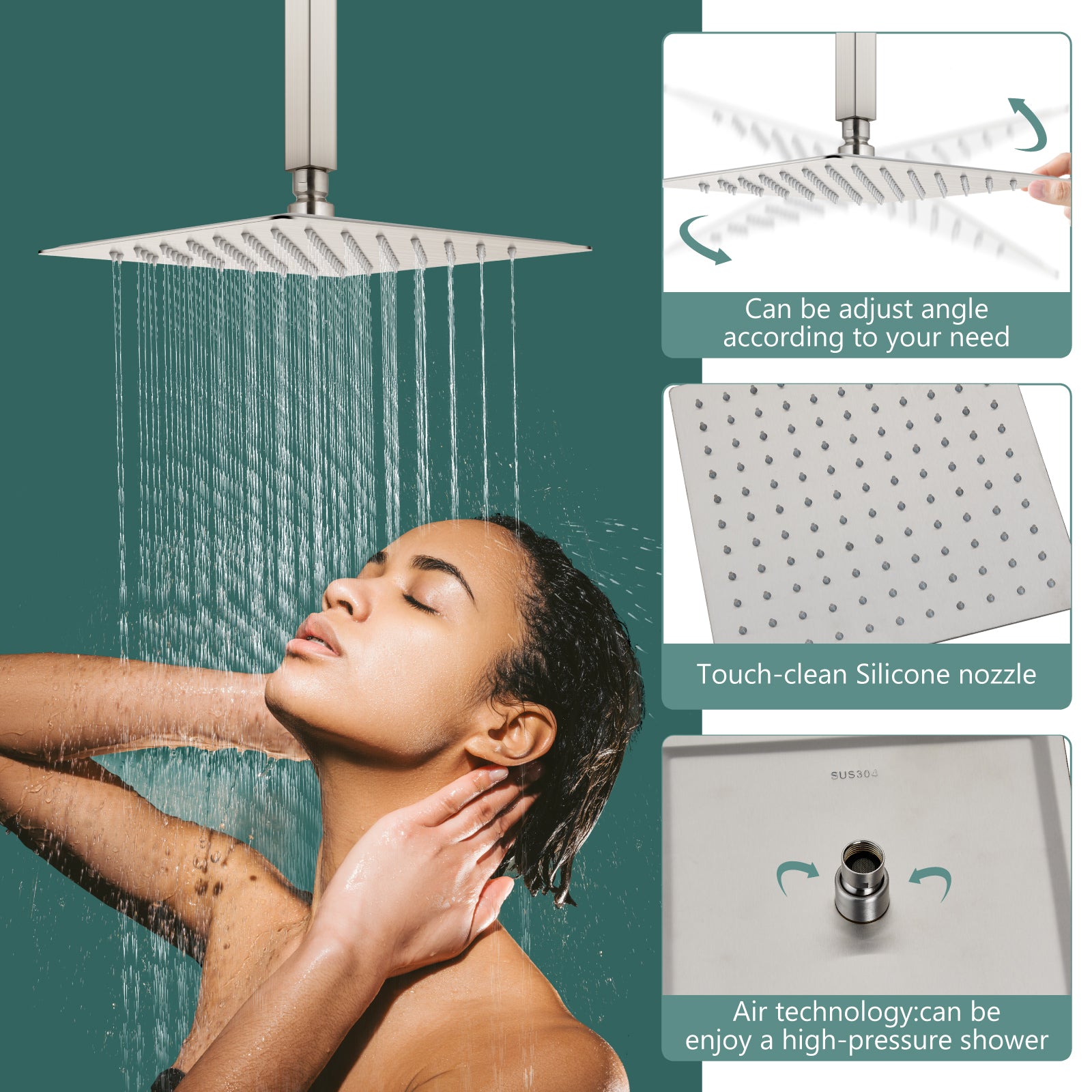 Heyalan Shower Faucet Set Ceiling Mount Square Showerhead Bathroom Rainfall Shower System SUS304 Stainless Steel Shower Trim Kit 2 in 1 Handheld shower with Rough-in Valve