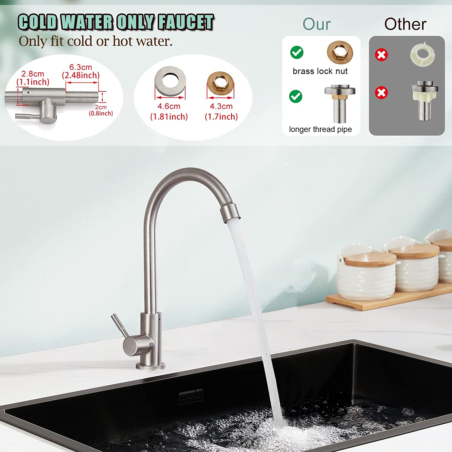 Kitchen Faucet Cold Water Only 1 Hole Single Handle 360 Degree Swivel Spout Deck Mount High Arc SUS304 Sink Bar Tap Goose Neck with Hose and Longer Thread Pipe