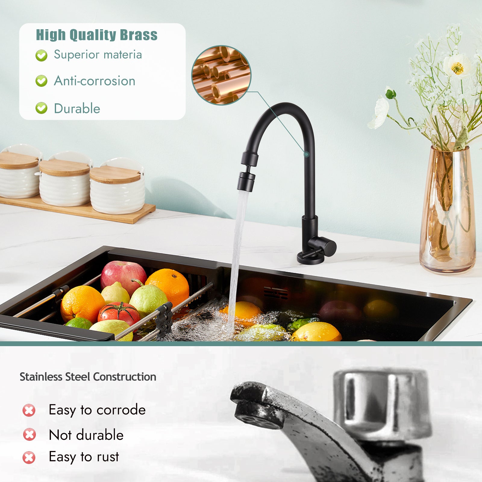 Heyalan Cold Water Only Kitchen Faucet 360 Degree Swivel Spout Matte Black High Arc Sink Tap Brass Faucet Goose Neck