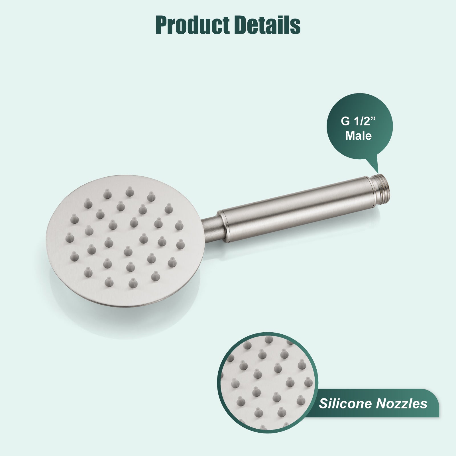 Heyalan Shower Wand Handheld Showerhead Wand Spray High Pressure Flow 1 Mode Hand Held Round SUS304 Sprayer Bathroom High Powerful Single Function Shower Head Bracket&Water Hose Include