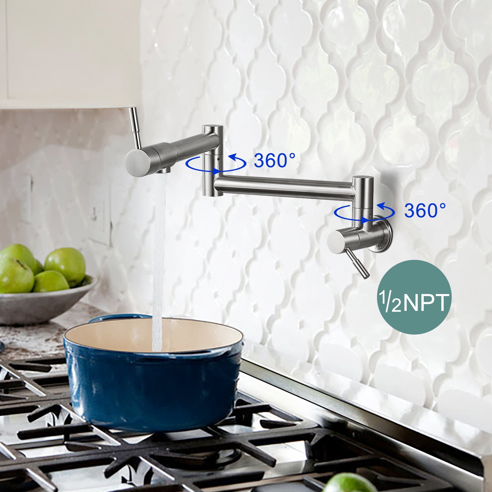 Heyalan Pot Filler 19 Inch Wall Mount Folding Stretchable Kitchen Restaurant Sink Faucet Stainless Steel Potfiller with Double Joint Swing Arm Single Hole Two Handles Commercial NPT
