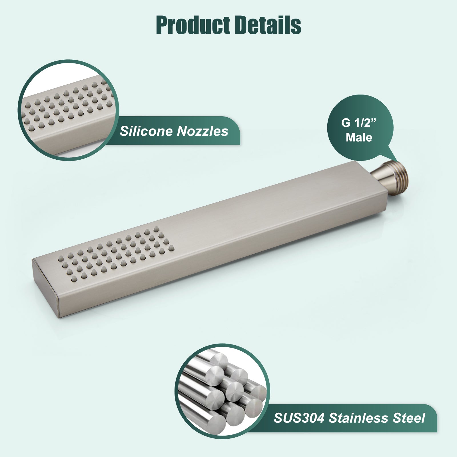 Heyalan Shower Wand SUS304 Stainless Steel Handheld Single Function Handheld Shower High Pressure Luxury Hand Shower Set High Flow Rectangle Straight Hand Shower Spray with Holder
