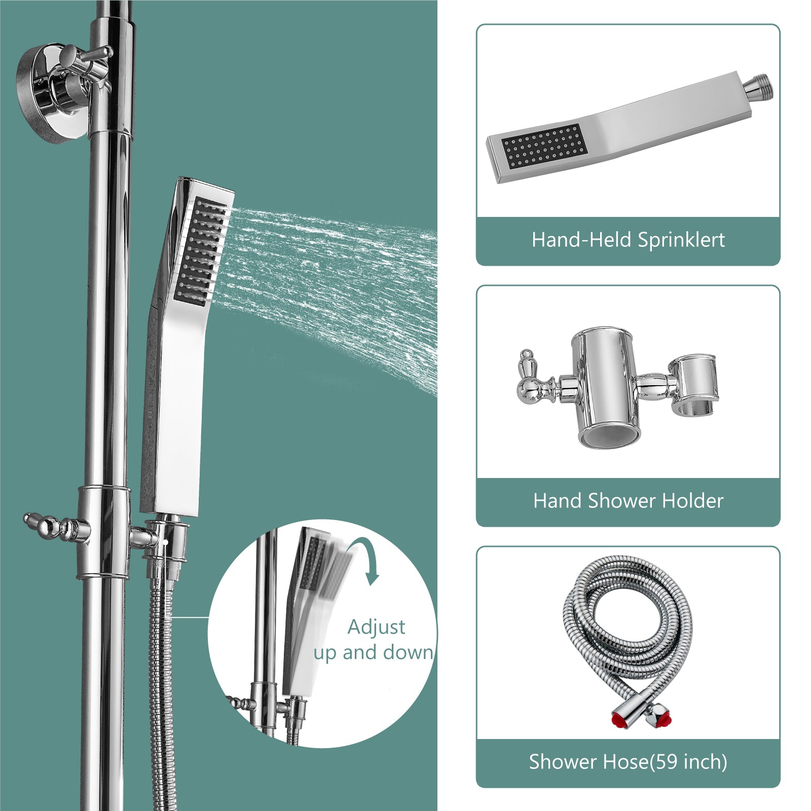 Heyalan Wall Mounted Exposed Shower System Triple Function Bathroom Shower Faucet 8” Square Swivel Rainfall Shower Head with Hand Held Sprayer Tub Spout Adjustable Complete Set with Shelf