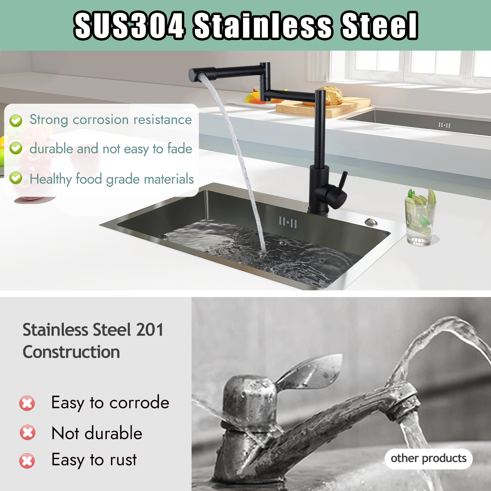 Heyalan  Pot Filler Faucet Deck Mounted Single Handle Double Joints Free Rotating Modern Deck Mounted Countertop Retractable Commercial Kitchen Sink Faucet Stainless Steel