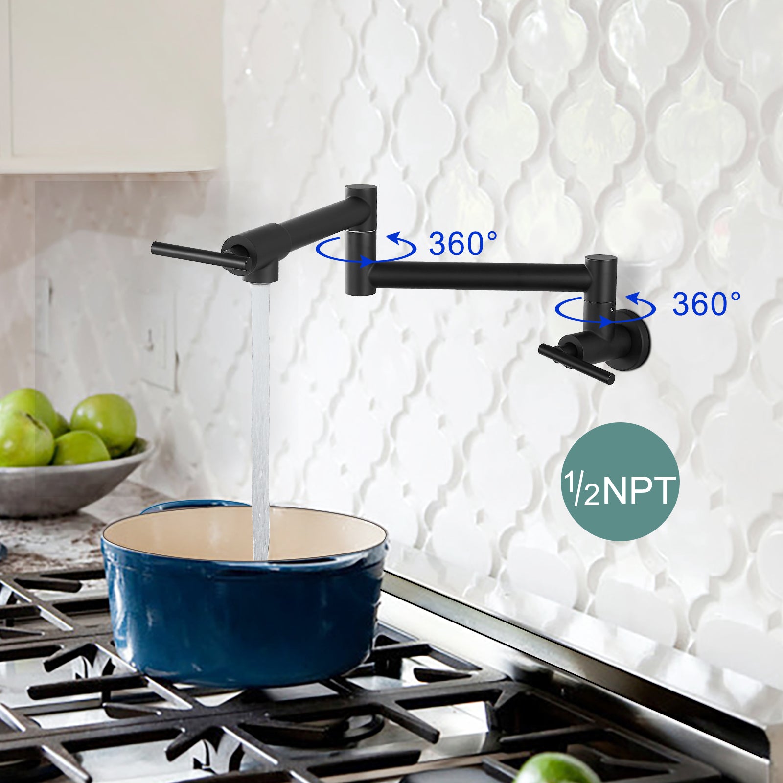 Heyalan 19" Stainless Steel SUS304 Pot Filler Faucet Wall Mounted Double Joint Swing Folding Arms with Two Handles Single Hole Commercial Kitchen Sink Faucet to Control Water Stovetop