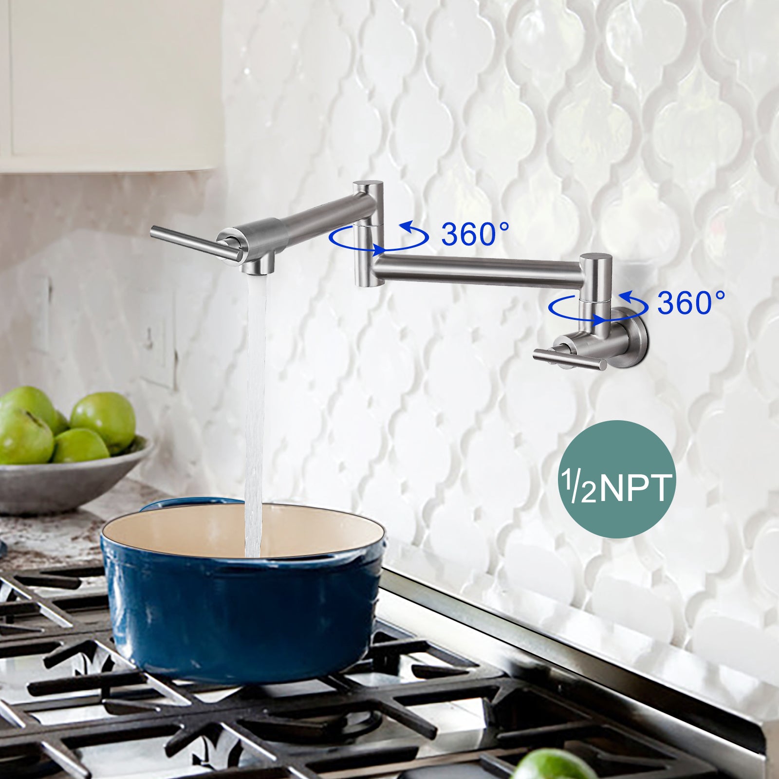 Heyalan 19" Stainless Steel SUS304 Pot Filler Faucet Wall Mounted Double Joint Swing Folding Arms with Two Handles Single Hole Commercial Kitchen Sink Faucet to Control Water Stovetop