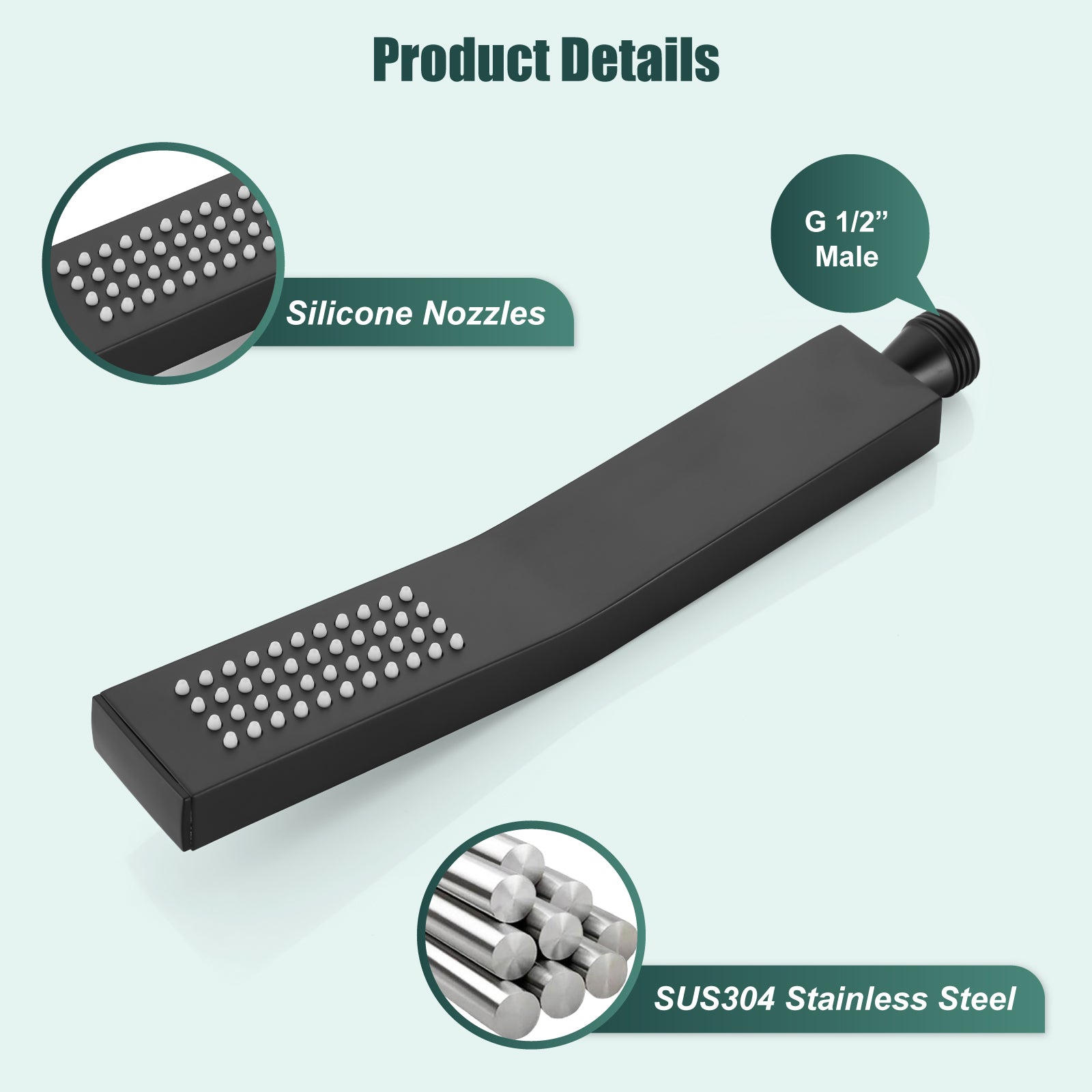 Heyalan Shower Wand SUS304 Stainless Steel Handheld Single Function Handheld Shower High Pressure Luxury Hand Shower Set High Flow Rectangle Curved Hand Shower Spray