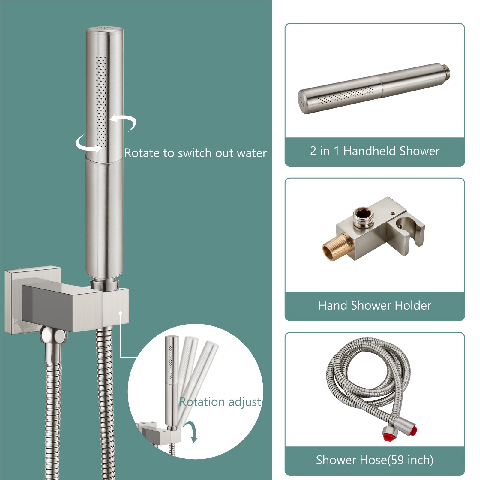 Heyalan Shower Faucet Set Ceiling Mount Square Showerhead Bathroom Rainfall Shower System SUS304 Stainless Steel Shower Trim Kit 2 in 1 Handheld shower with Rough-in Valve